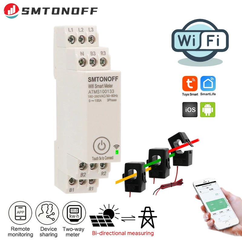 SMTONOFF WIFI Tuya 100A Three phase Smart Energy Power Monitor with external Current transformer CT 380V /415V 50Hz 60Hz