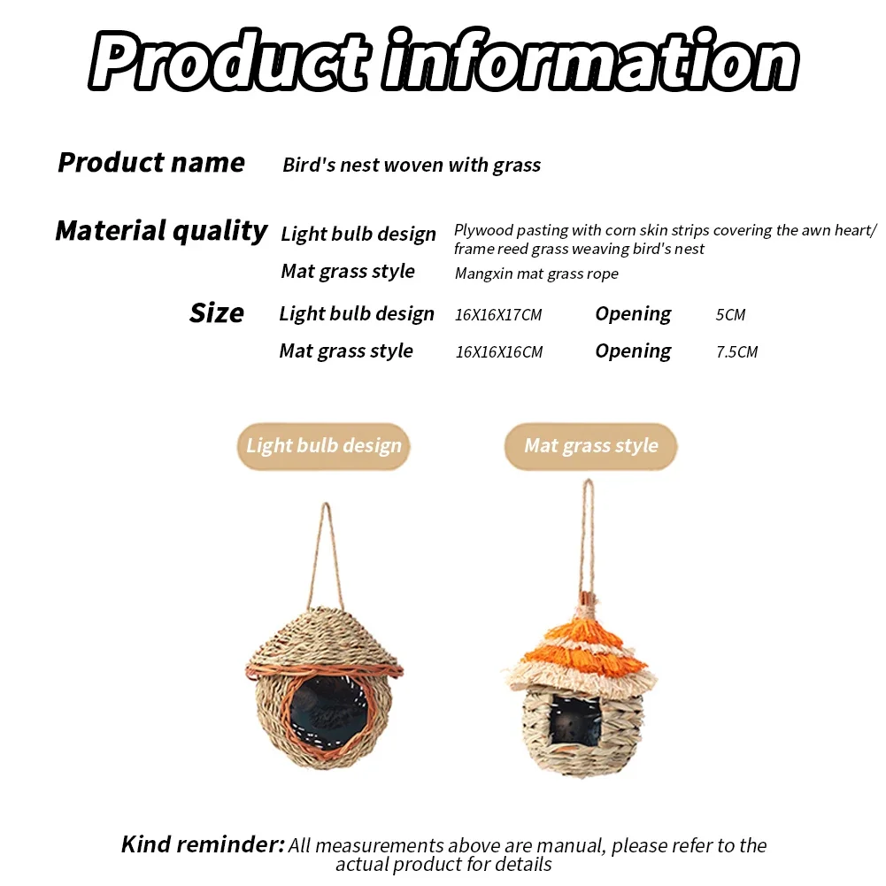 Bird Nest Hand-Woven Grass House For Small Parrot Canary Lovebird Parakeet Hatching Birds Hut Outdoor Hanging Chickadee House For Bird House Bird Nest Outdoor Bird Breeding Loft