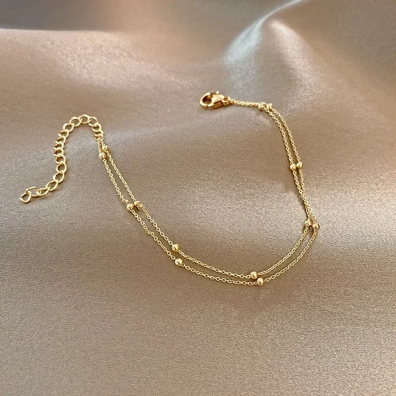 Double Layers Small Round Beads Bracelet Women's Hand Bracelet Gold Color Chain Simple Female Ball Jewelry