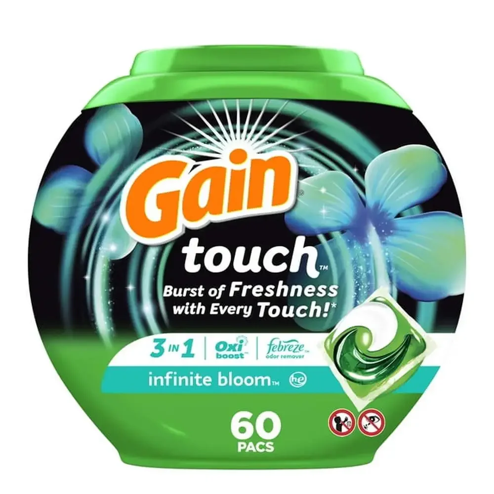 Gain Touch Flings Laundry Detergent Packs Infinite Bloom Scent 60 Count Concentrated Cleaning Power with Fresh Burst Odor