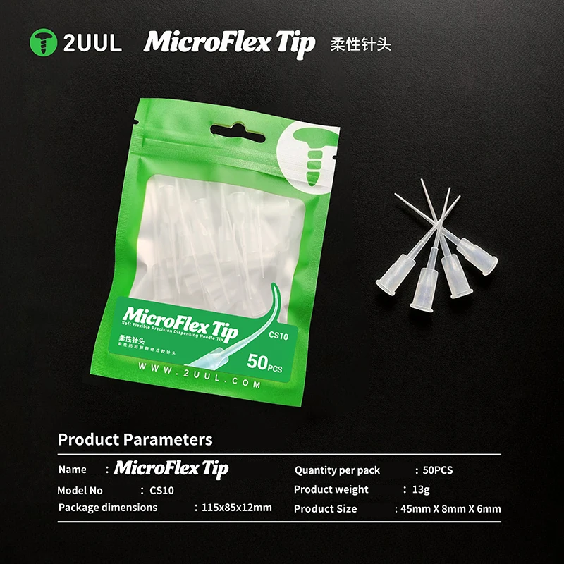 2UUL CS10 MicroFlex 팁 소프트 유연 정밀 디스펜싱 니들 팁 (50개/팩) 정밀 디스펜싱 니들 팁