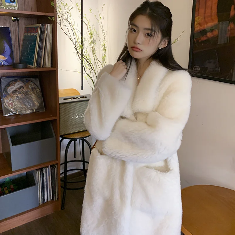 

Discount Winter Import Lamb Fur Coat Female Korean Version Casual Warm Medium and Long White Large Pocket Lapel Real Fur Jacket