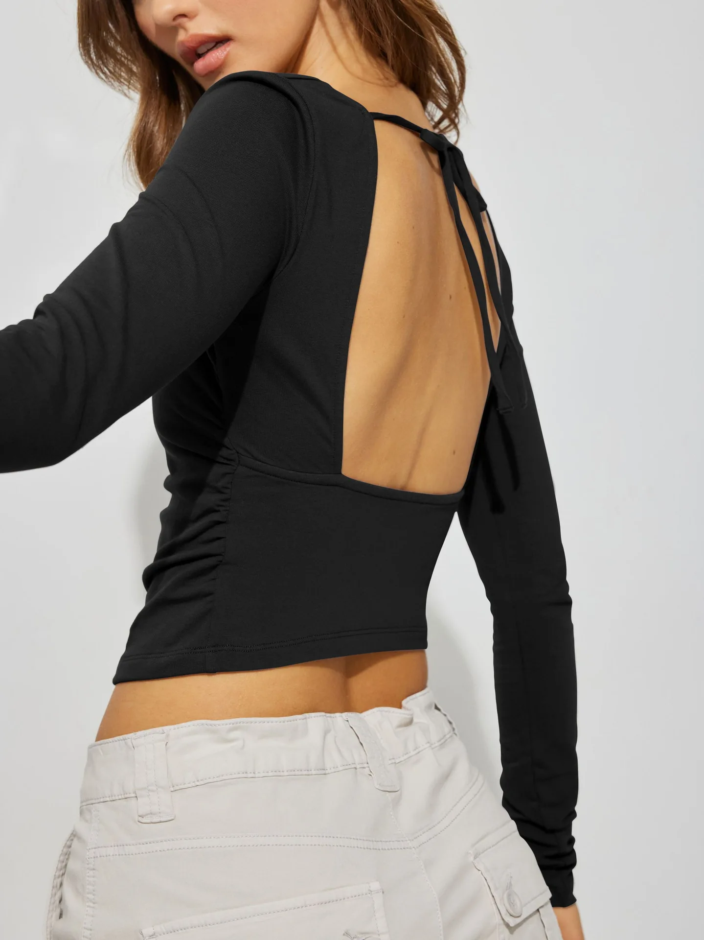 

Women Long Sleeve Backless Lace-up T-shirts Crop Tops Solid Slim Fit Pullovers Tees Shirts Spring Autumn Streetwear