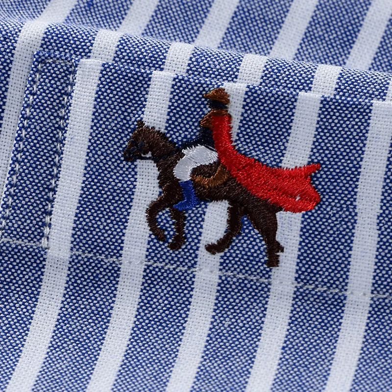 New Men\'s Short Sleeve Striped Plaid Casual Shirt Cotton Oxford Shirt Men\'s Pocket Embroidery Regular Fit Button Work Shirt