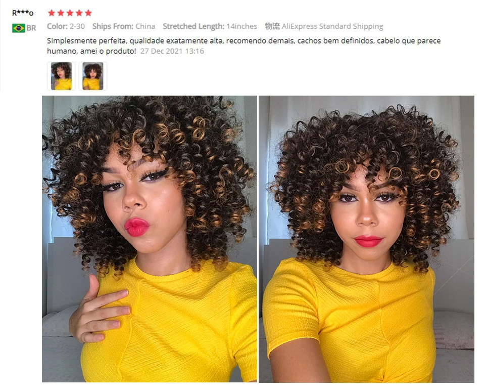 Short Afro Kinky Curly Wigs With Bangs For Black Women Synthetic Ombre Natural Heat Resistant Hair Brown Cosplay Highlight Wigs