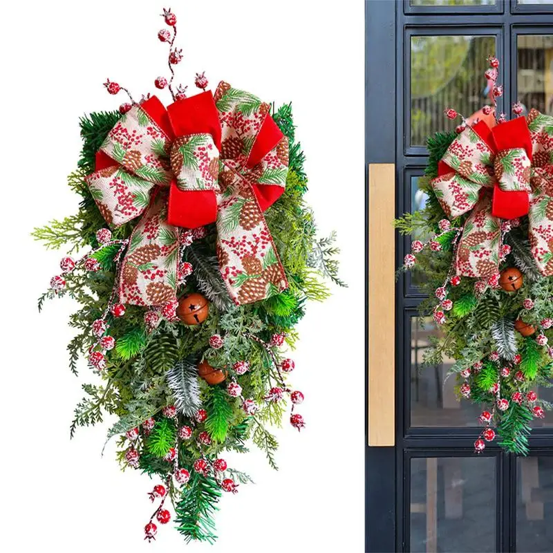 

Christmas Door Wreath Red White Green Bow red Berry Clusters Wreath Stair Swag Christmas Garland for Front Door Fireplace Window
