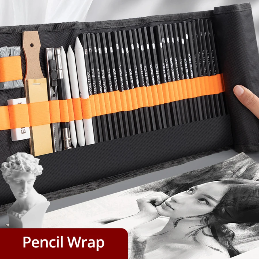 Sketching Pencil Set 27/38/48pcs Sketch Pencils Set Sketching Kit Roll Up Canvas Wrap Bag Drawing Art Supplies Charcoals Kneaded Eraser Pencil Case