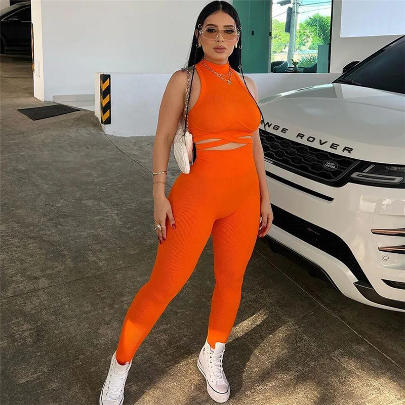 Woman 2pcs Rib Suit Solid Color Sleeveless High Neck Hollow out Crop Tank +Tight Legging Tracksuit 2Color S-L big tall size suit 2piece sleeveless tank top shorts set men v neck vest outfits fashion summer tracksuits casual singlet unisex