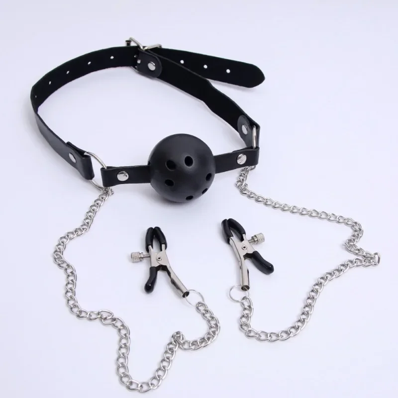 Erotic Toy PU Leather Mouth Gag Ball Oral Sex with Chain Clip Breast Nipple Clamps Bondage Harness Sex Toys Adult Games