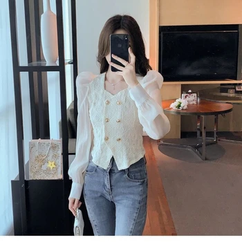 Camicetta corta con bottoni temperamento Primavera Autunno Nuova camicia elegante a maniche lunghe tinta unita tutto-fiammifero Top Abbigliamento donna moda coreana 1