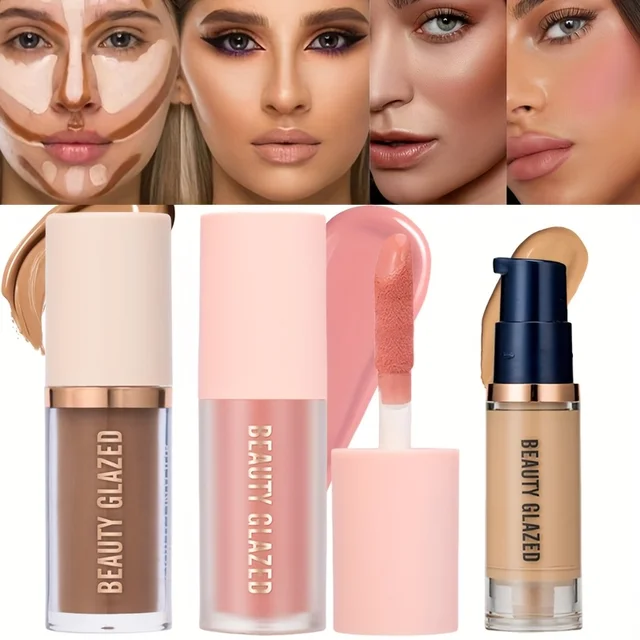 Ensemble de maquillage facial imperméable longue durée, 3 pièces/ensemble, blush + contouring + fond de teint, texture fine, couvre les imperfections, améliore les contours 1