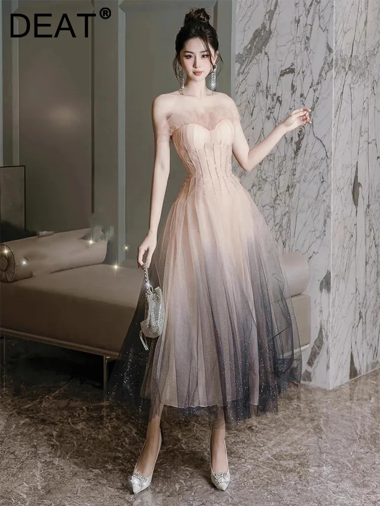 

DEAT Women Fashion Evening Dress Strapless Sleeveless Gradient Slim Gauze Sequins Design Party Dresses Summer 2024 New 13DB4540