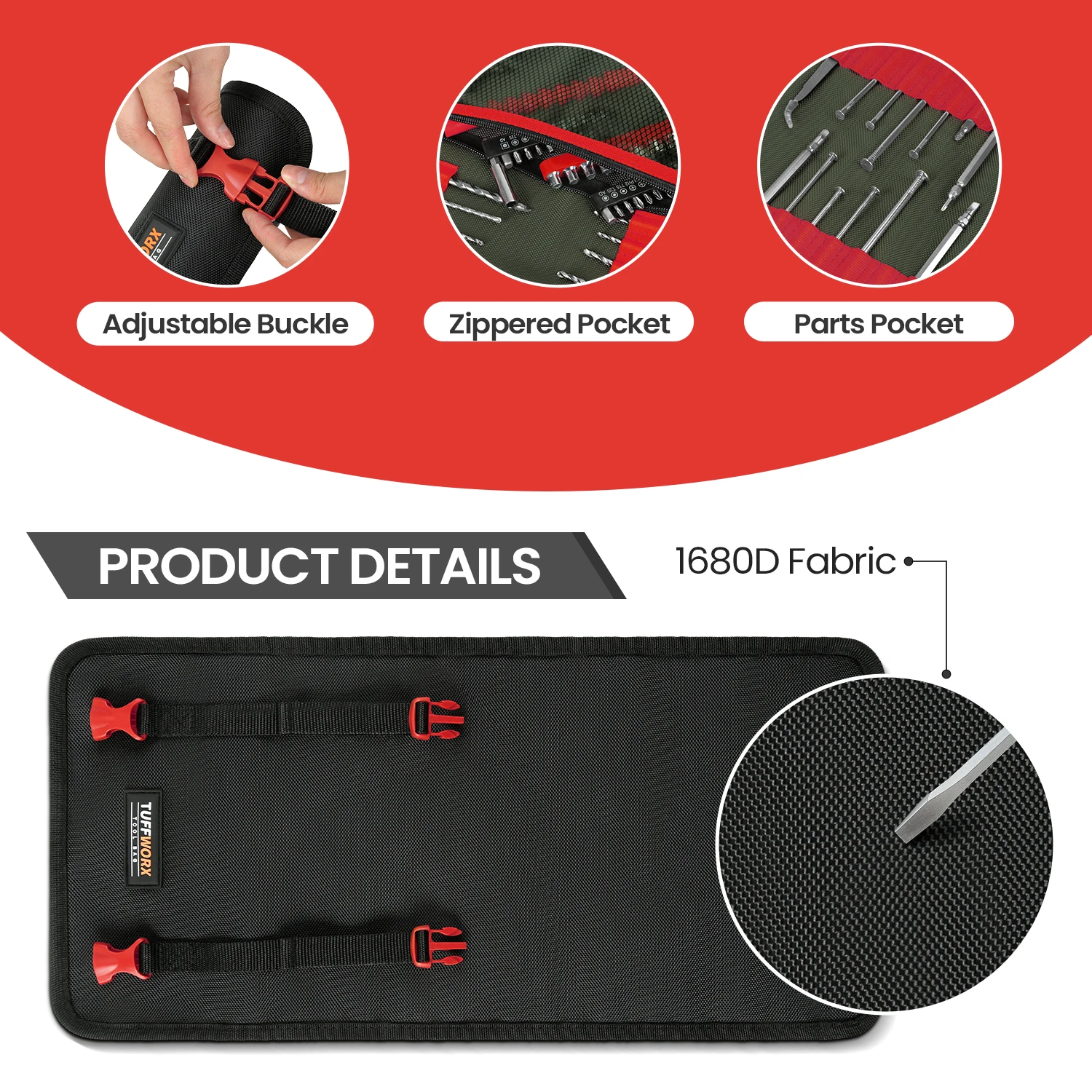 툴 롤백 - 36개 포켓, 1680D 고강도 원단, 조절 가능한 버클, 드라이버 및 드릴 비트용 지퍼형 공구 파우치