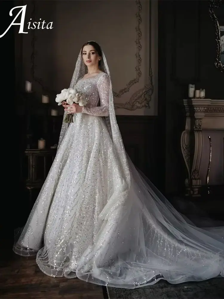 Vintage Customized Sparkly Beads Tulle Long Formal Wedding Dresses A Line Square Neck Dubai Long Sleeves 2025 Detachable Sleeves