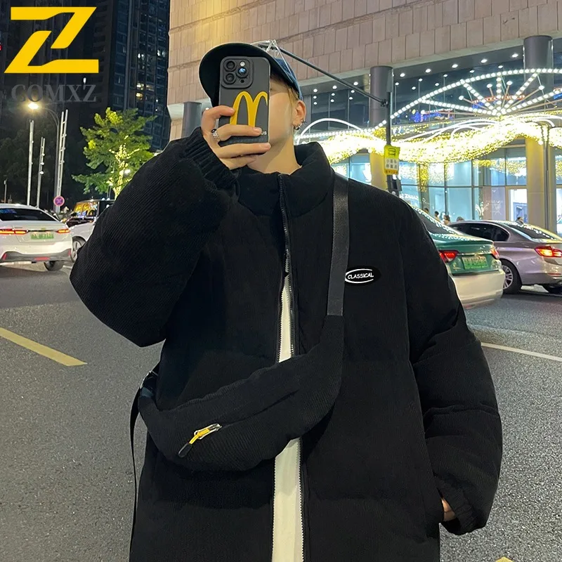 COMXZ Men Corduroy Cotton Coat Autumn Winter Loose Fit Big Size Hong Kong Style Trend Casual Thermal Front Magic Sticker Coat