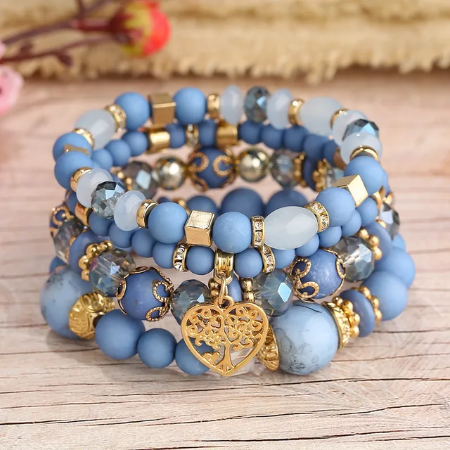 New Acrylic Beads Chain Bracelet Set For Women Tree Of Life Charm Elastic Bangle Female Bohemian Jewelry Accessories 1