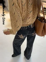 High Street Rivet Y2k Woman Long Jeans Denim Star Patchwork Low Waist Straight Pants 2025 New Fashion Casual Women's Trousers 1