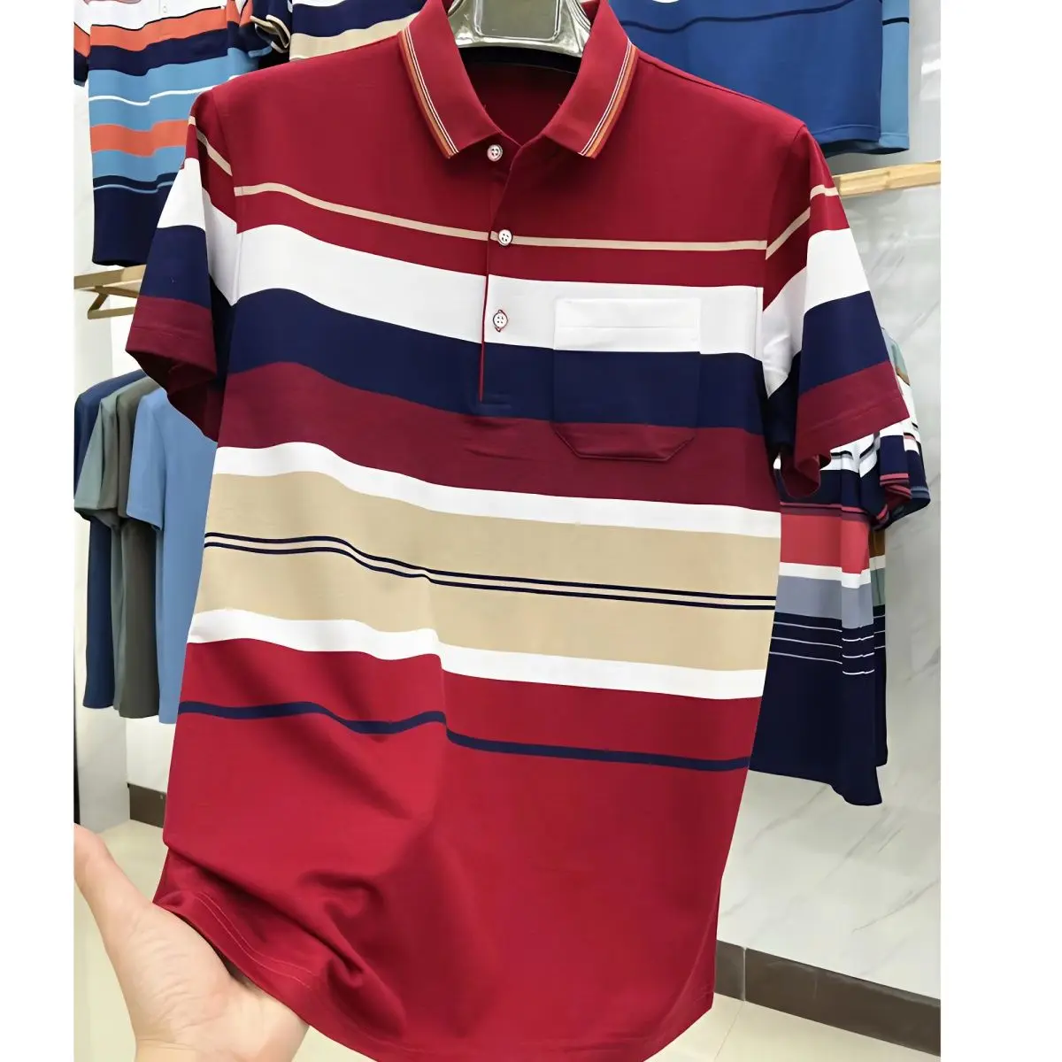 

Summer Short Sleeve Thin Polo Shirt Men Contrast Color Business Casual Stripe Printed Men's Tops Korean Fashion Clothing T81