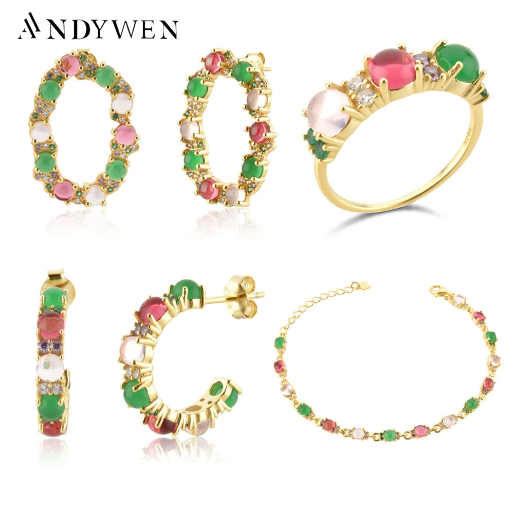 Andywen 925 Sterling Silver Rainbow Cz Gold Lofoten Island Luxury Orecchini Collare Bracciale Set Di Gioielli 2021 Accessori Donna