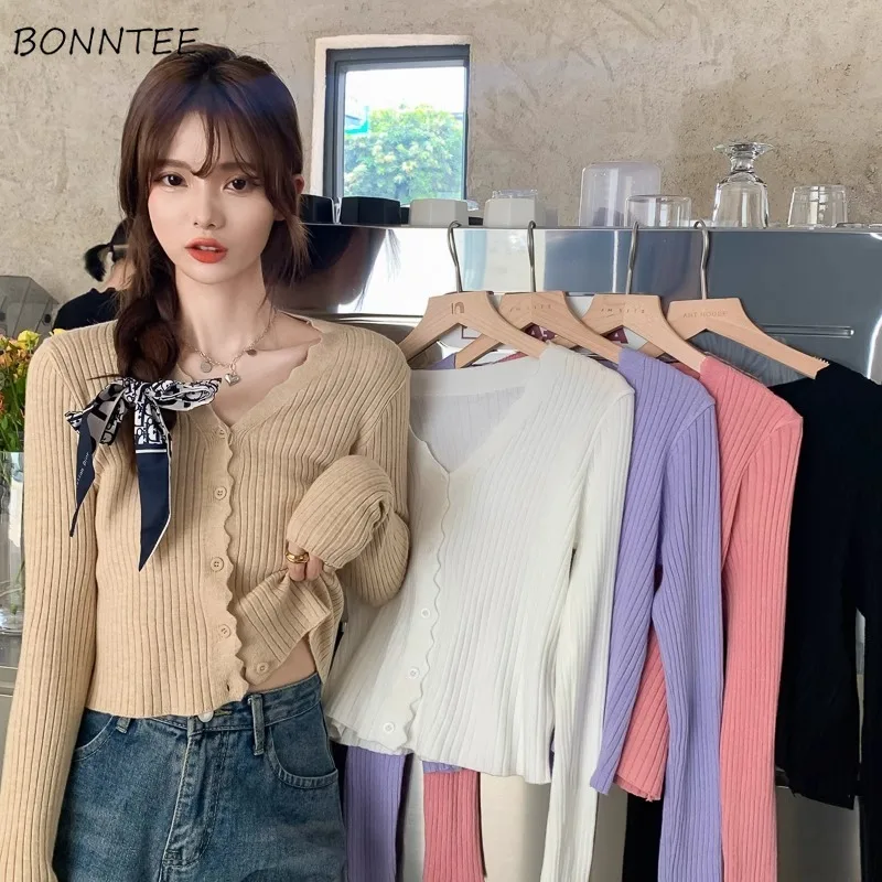 

Spring Chic Elegant Knitted Cardigan for Women All-match Solid Simple Knitwear Ladies Wave Cut V-neck Soft Coat Warm Ins New BF