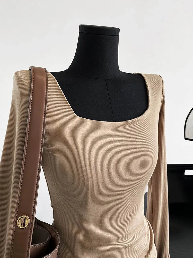Long-sleeved square-neck t-shirt women's slim-fit exposed