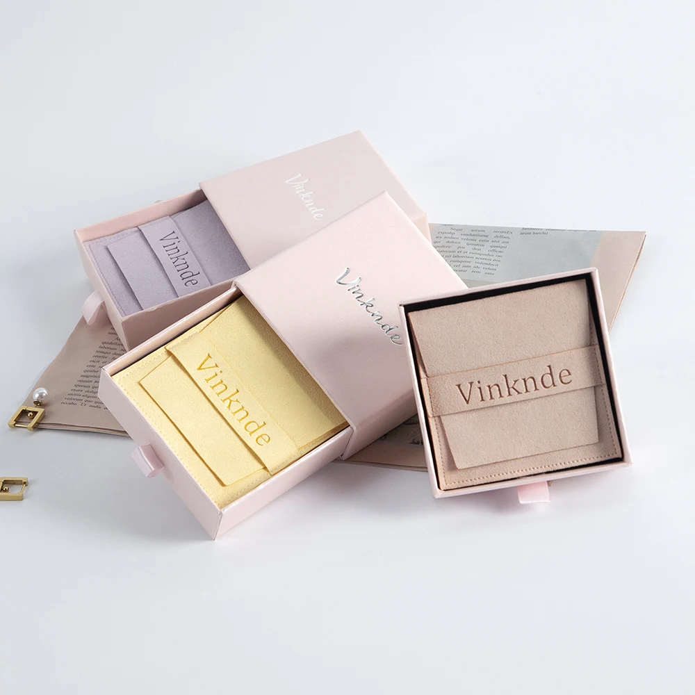 Custom Logo 7x7X1.7cm Cardboard Drawer Jewelry Boxes 6.2x6.2cm Microfiber Suede Gift bags Rings Necklace Wedding Organizer Box