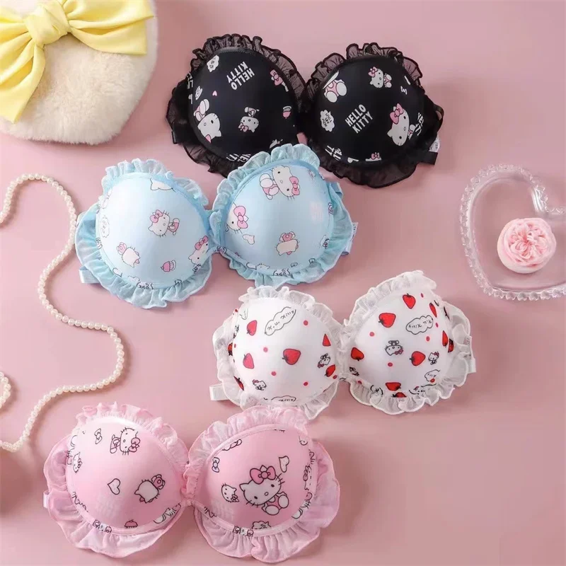 Hello Kitty Sanrio Anime Kawaii Underwear Cute Cartoon New Sweet Girl Bra Bowknot Lace Comfortable Ventilate Lingerie Briefs Set