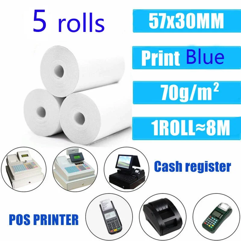 Thermal Paper 57x30mm POS Printer Blue Font 5 Rolls Mini Mobile Bluetooth Cash Register Roll Paper Bill Receipt Printing