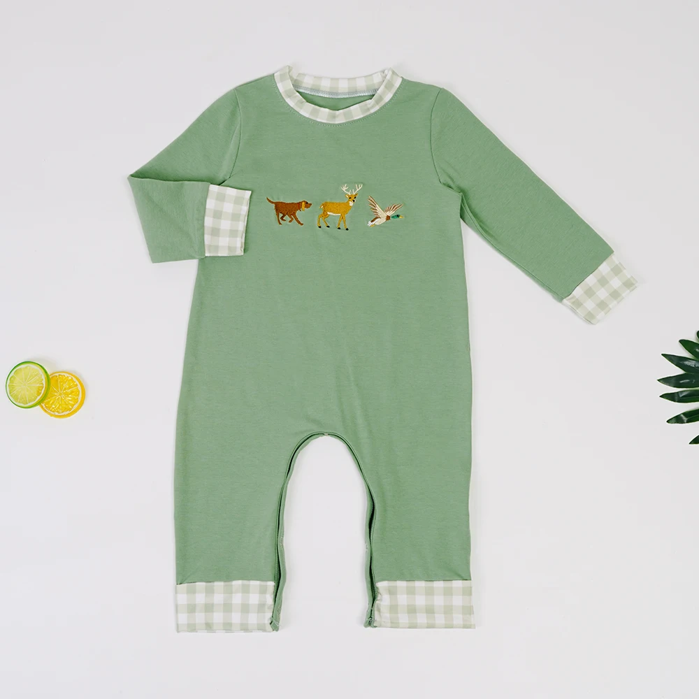 03yrs New Arrival Newborn Baby Boys Rompers Green Pure Cotton Jumpsuits With Animals Embroidery