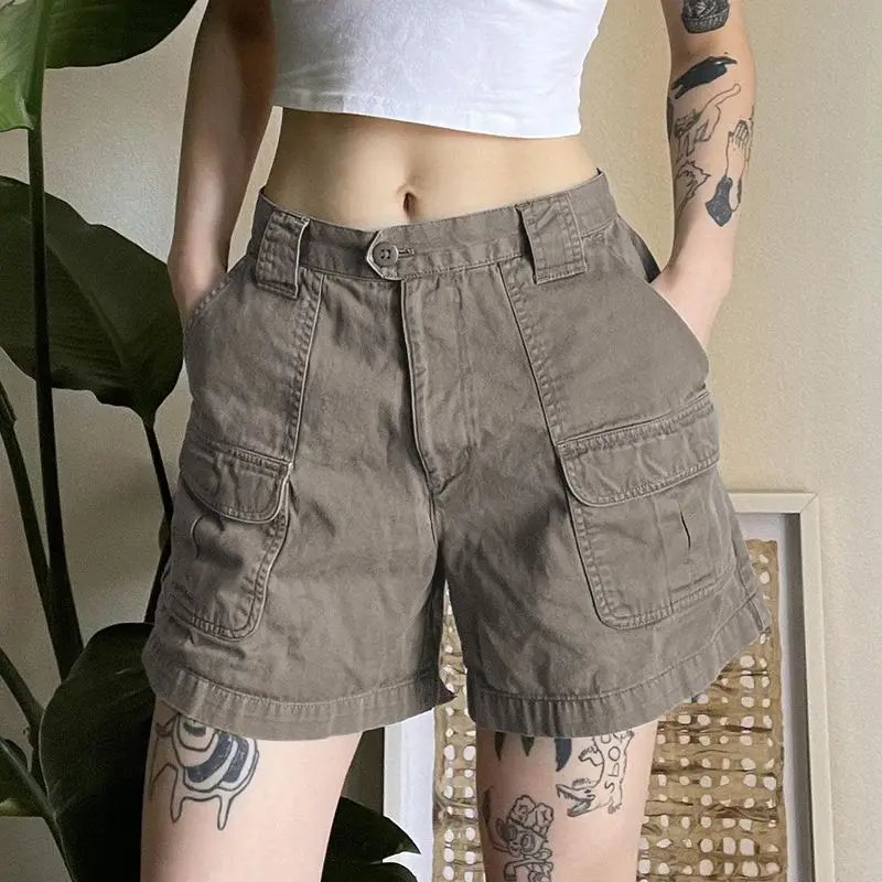 2024 Summer Women American Vintage Y2K Harajuku Straight Cargo Shorts Female Casual Streetwear Gothic Pockets Denim Short Pants