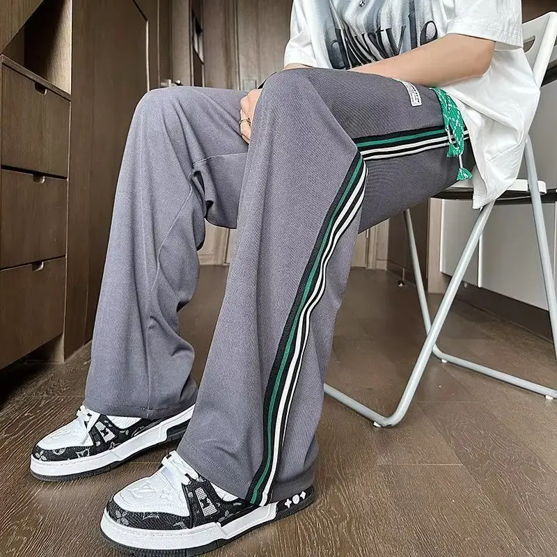 Summer New Men's Fashionable Trousers Casual Elastic Drawstring Pockets Striped Drooping Sensation Straight Wide Leg Pants