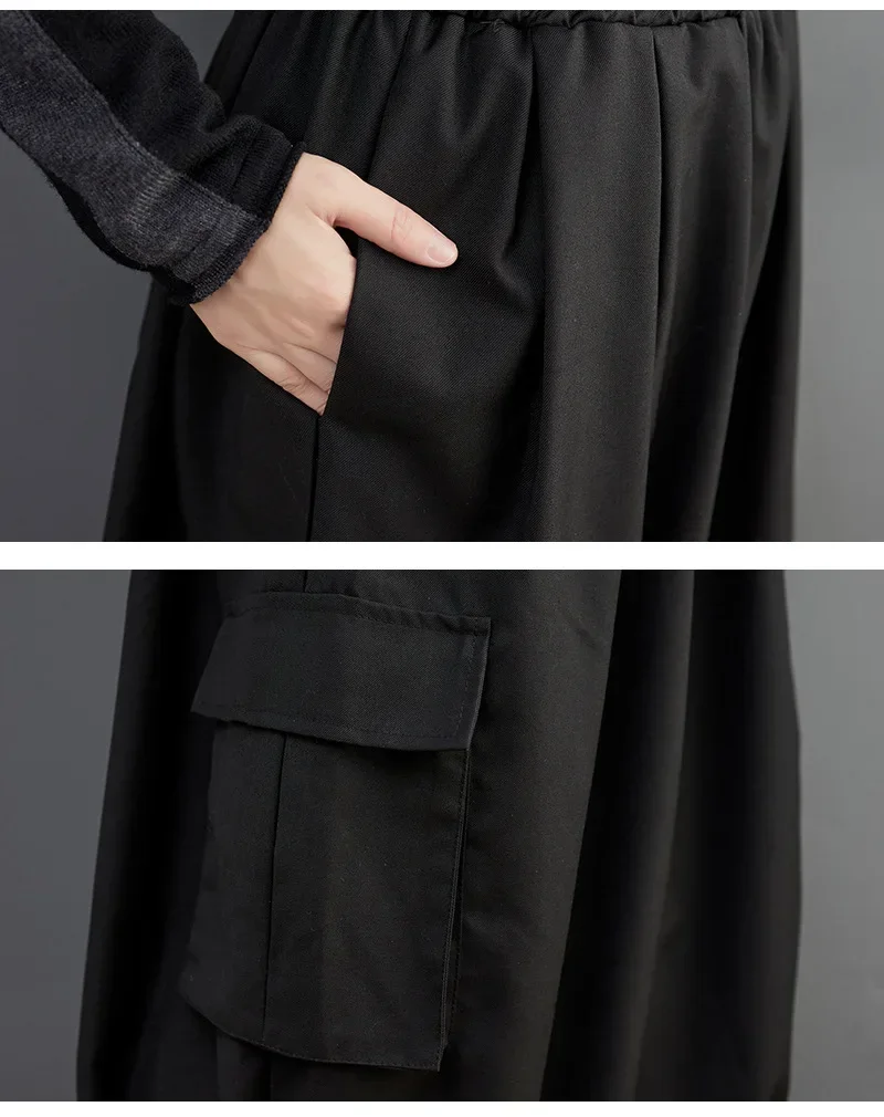 Spring Summer New Black Vintage High Elastic Waist Oversized Cargo Pants Women Loose Casual Pocket Fashion Ladies Trousers