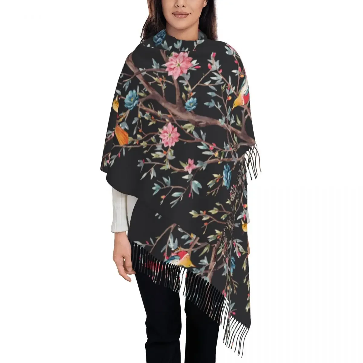 

Personalized Printed Watercolor Spring Flowering Tree With Birds Long Pile Fringe Men Scarf Women'S Anti Chill