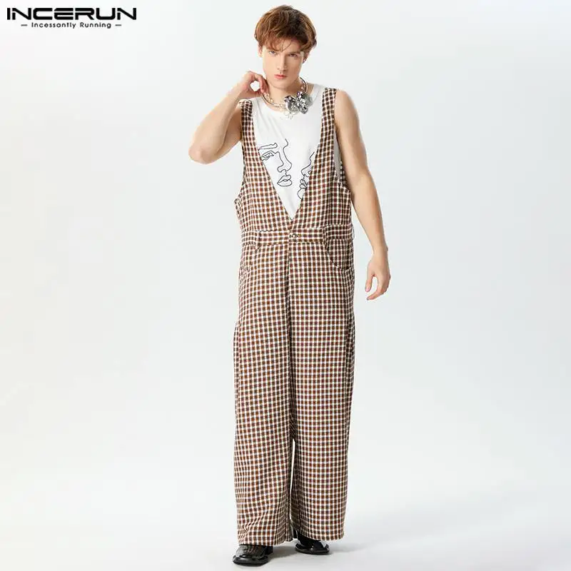 

2024 Men Jumpsuits Plaid Oversize Deep V Neck Sleeveless Casual Rompers Streetwear Pockets Loose Wide Leg Pants Overalls INCERUN