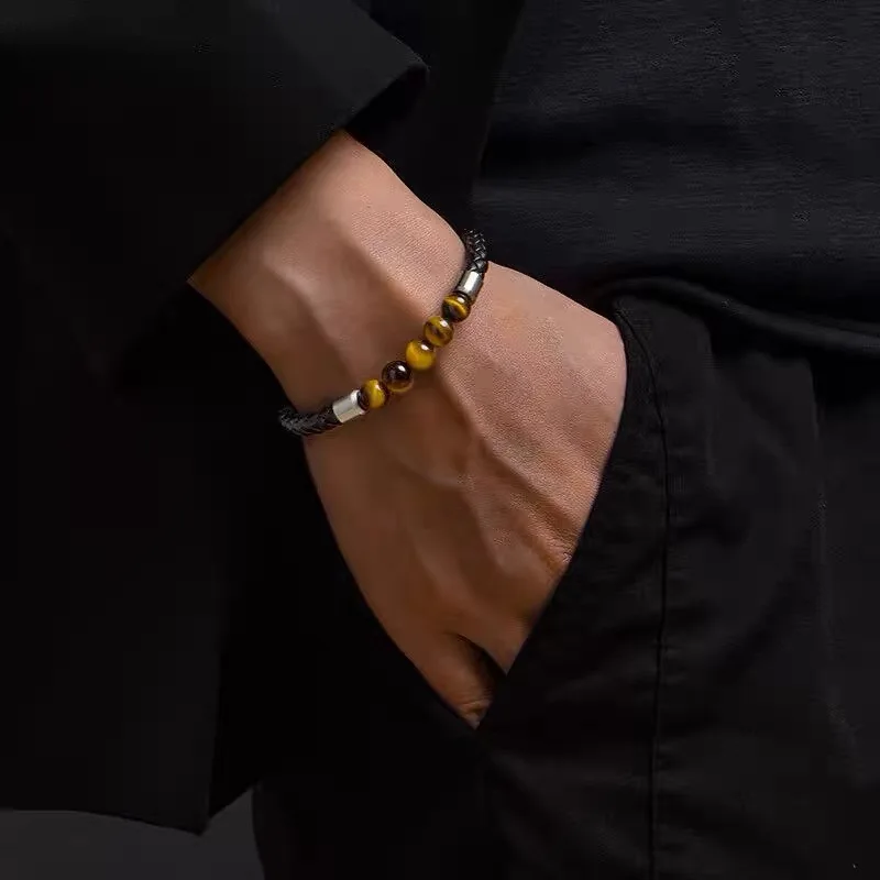 High Quality Leather Bracelet Lava Chakra Stone Beads Black Tiger Eye Bracelets Magnetic Buckle Bangles Braid Rope Chain for Men 2