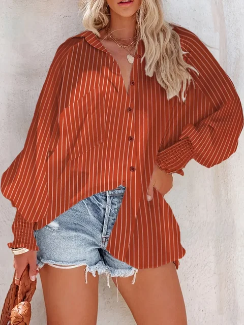 Women's Plus Size 1XL-5XL Casual Striped Breathable Long Sleeve Blouse Shirt Ladies Fashion V-neck Button-down Loose Shirt Top