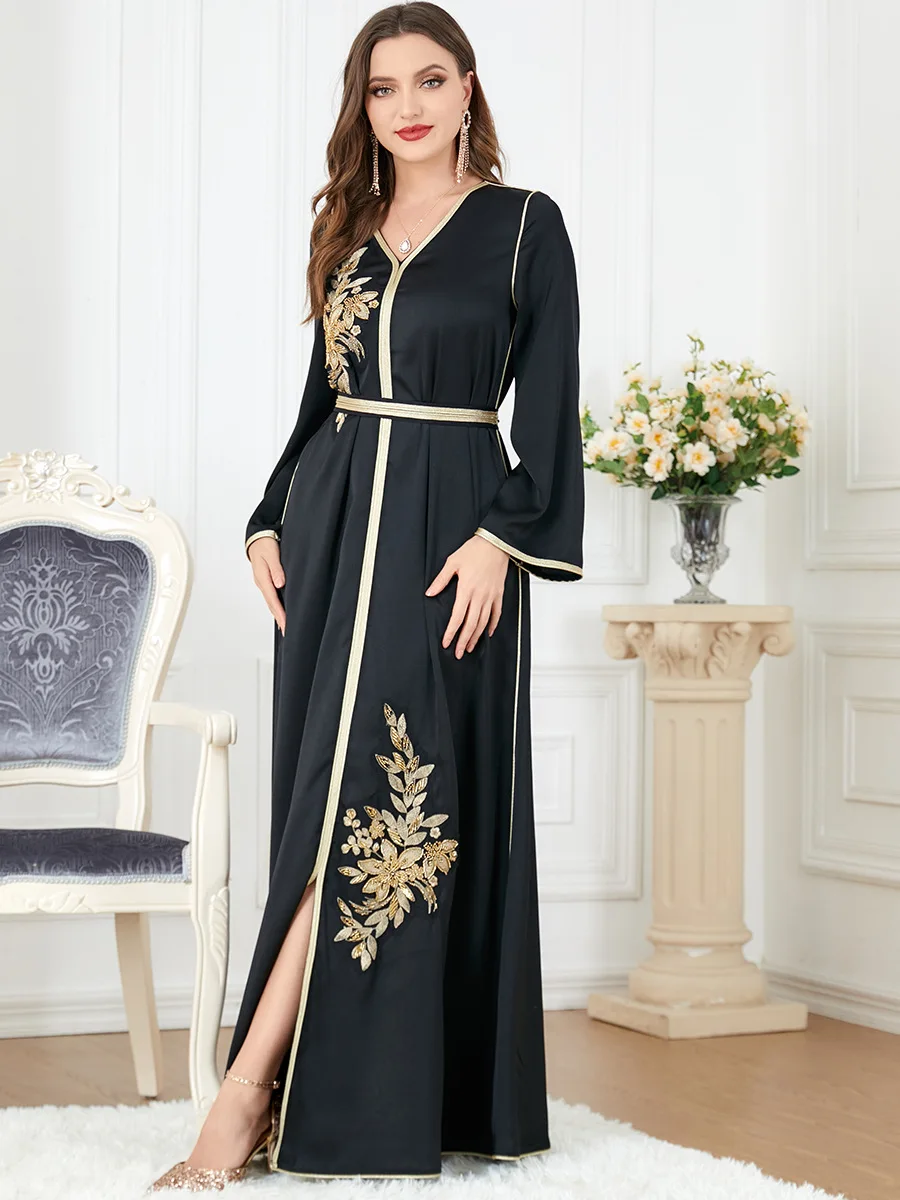 Floral Embroidery Guipure Lace Panel Belted Dress Elegant V-nek Long Dresses Black Abaya Muslim Women Clothing Ramadan