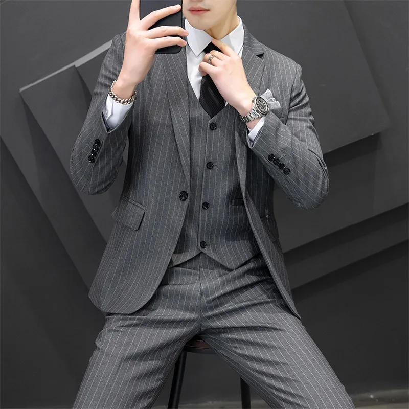 

LE150Men's Striped Suit Korean Style Business Formal Slim Wedding Dress Casual