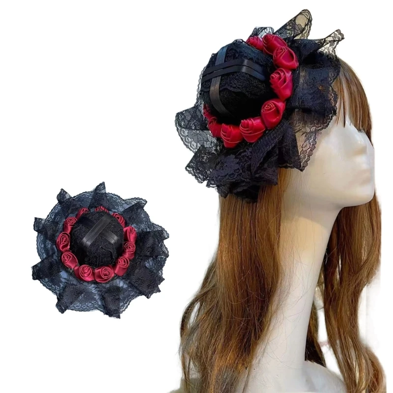 

Vintage Ribbon Lace Rose Flowe Top Hat with Clip Gothic Small Bowler Hat Women Elegant Prom Party Cosplay Decorative Flat Hat