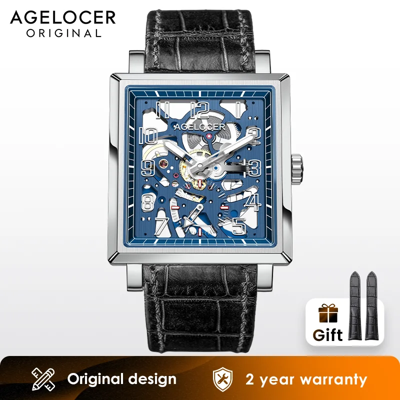 AGELOCER Codex Original Brand Men's Square Hollow Luminous Manual Mechanical Watch Birthday Gift for Men images - 6