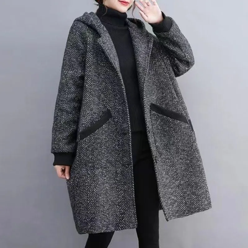 

Autumn Winter Women's Hooded Solid Pocket Plaid Flocking Long Sleeve Cardigan Wool Coats Loose Fashion Office Lady Casual Tops