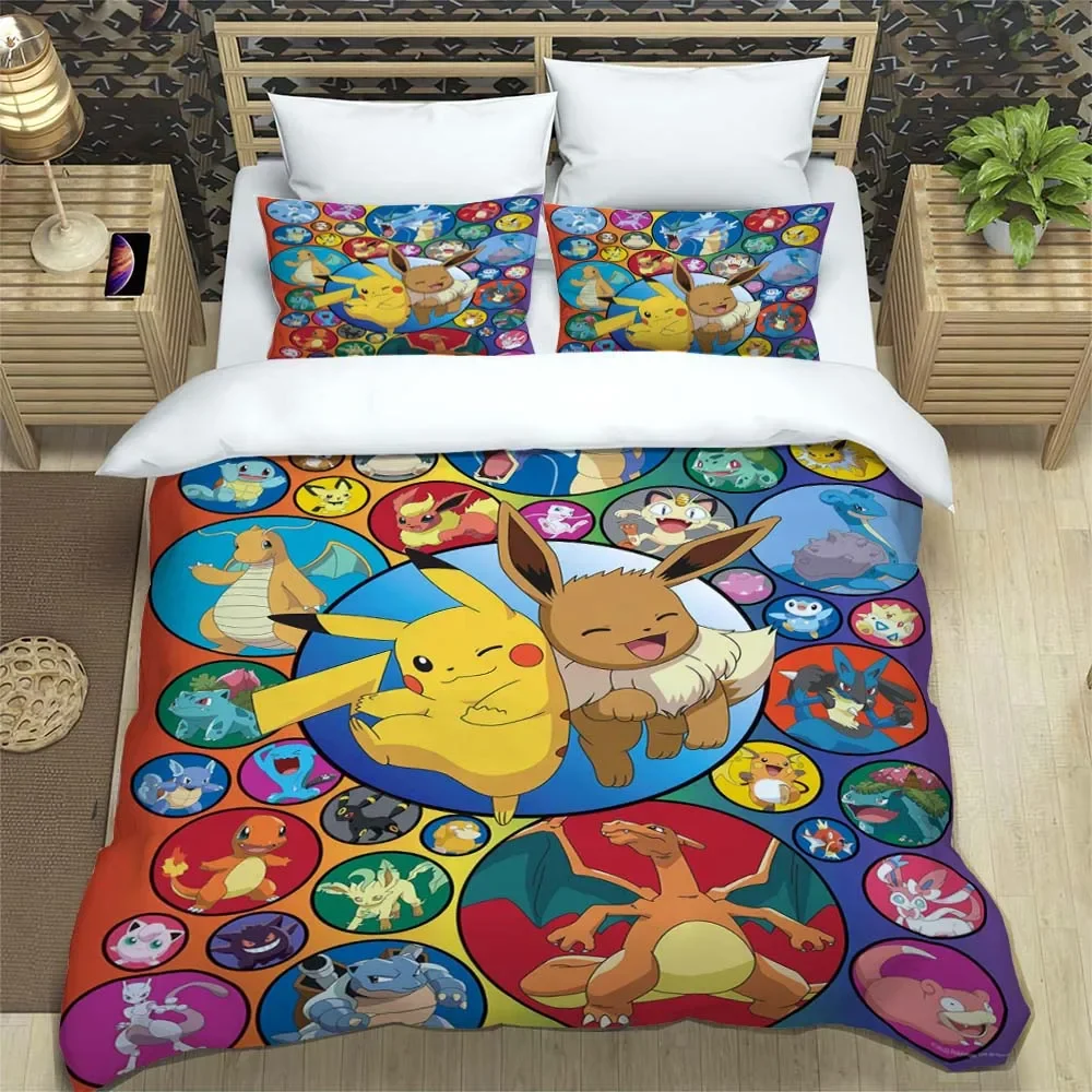 thumbnail image 1 of Funda de edredón con estampado de Pokémon de anime japonés y fundas de almohada, juego de cama con impresión digital 3D de microfibra, tamaño doble, tamaño Queen y King, 1 of 5