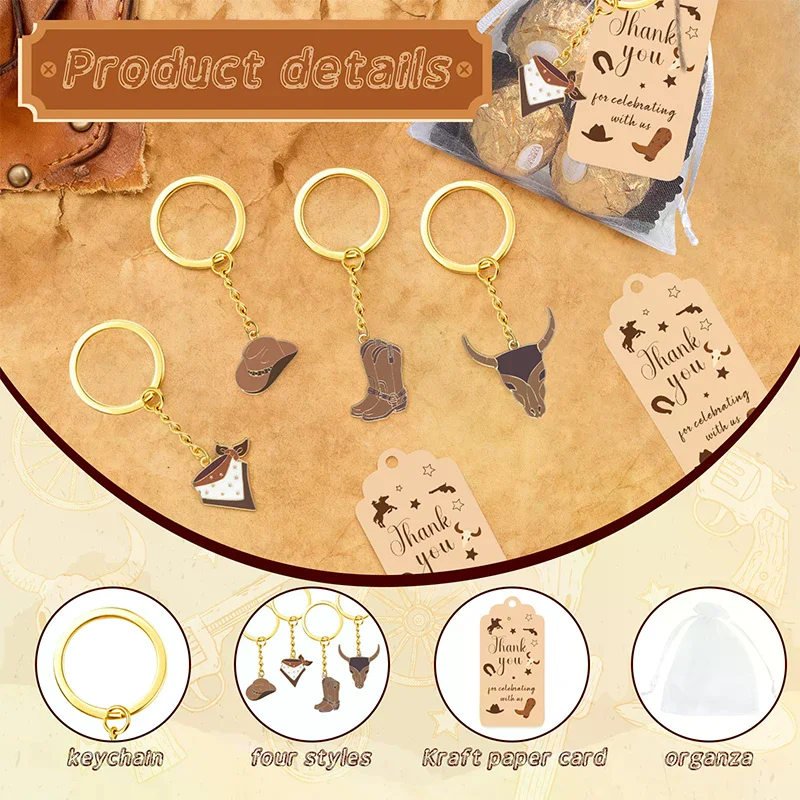 12 Sets Western Cowboy Party Favors For Guests Cowboy Boot Hat Keychain With White Organza Bags And Thank You Tags