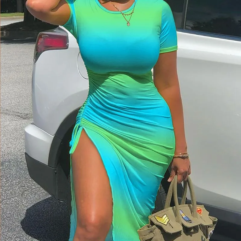 

Ombre Short Sleeve Drawstring Ruched High Slit Dress O Neck Skinny Bodycon Knee Length Long Dress Sexy Summer