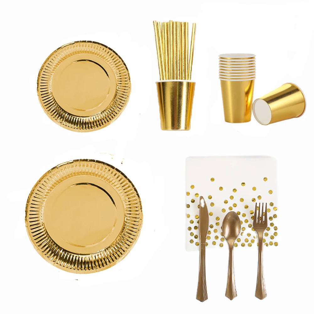 Description Picture 2 of itemGold Themed Decorative Disposable Gold Cups Paper Plates Straws Cake Stands Napkin Cutlery Sets Adult Kids Birthday Party Suppli