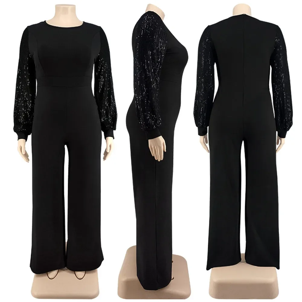 New Plus Size Jumpsuit Women Elegant Sequins Full Sleeve One Piece Outfit Solid Office Lady Romper Fall Wholesale Drop Shopping