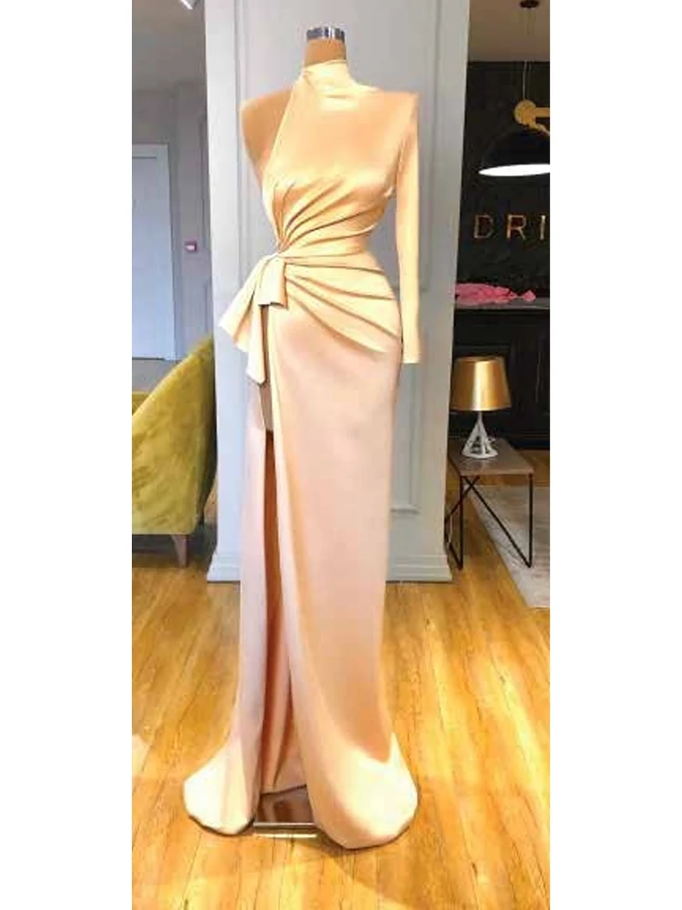 

Elegant Formal Prom Dresses One Shoulder Soft Satin Simple High Side Slit Evening Gown Floor-Length Custom Made Robes De Soirée