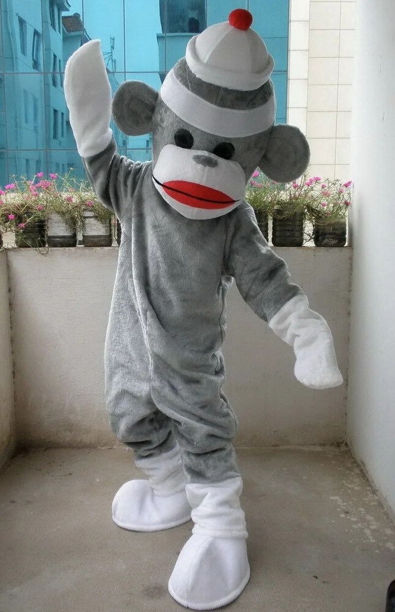 Grey Sock Monkey Mascot Costume 