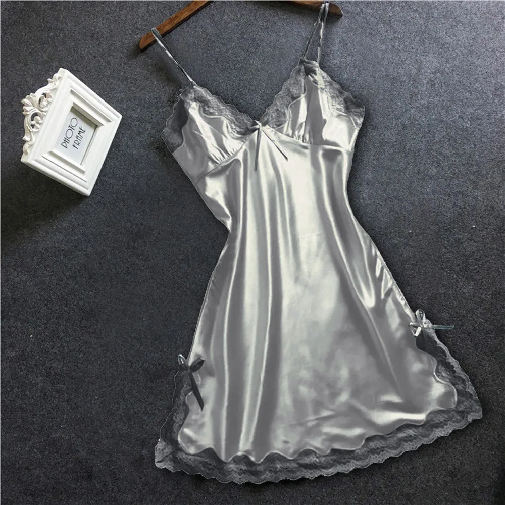 Women Satin Sleepdress Sexy Bowknot Lace Babydoll V Neck Pron Lingerie Large Size Ladies Underwear Bra Support Pajama Intimate