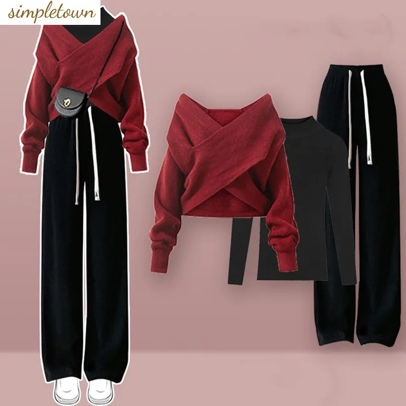 Large Women's Winter Set 2023 New Solid Color Age Reducing Knitted Sweater Wide Leg Pants Three Piece Set Fashion airtac gas source filter gc200 reducing valve oil and water separator three units regulator